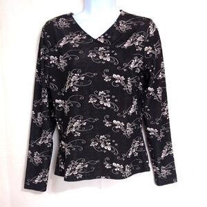 Van Tisse Black Floral Long Sleeve Wrap Top Blouse SIze Large